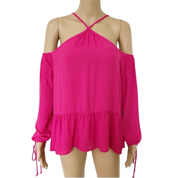 Sienna Sky Fuchsia Cold Shoulder Halter Ruffle Drop Waist Long Sleeve Blouse - Picture 8 of 12